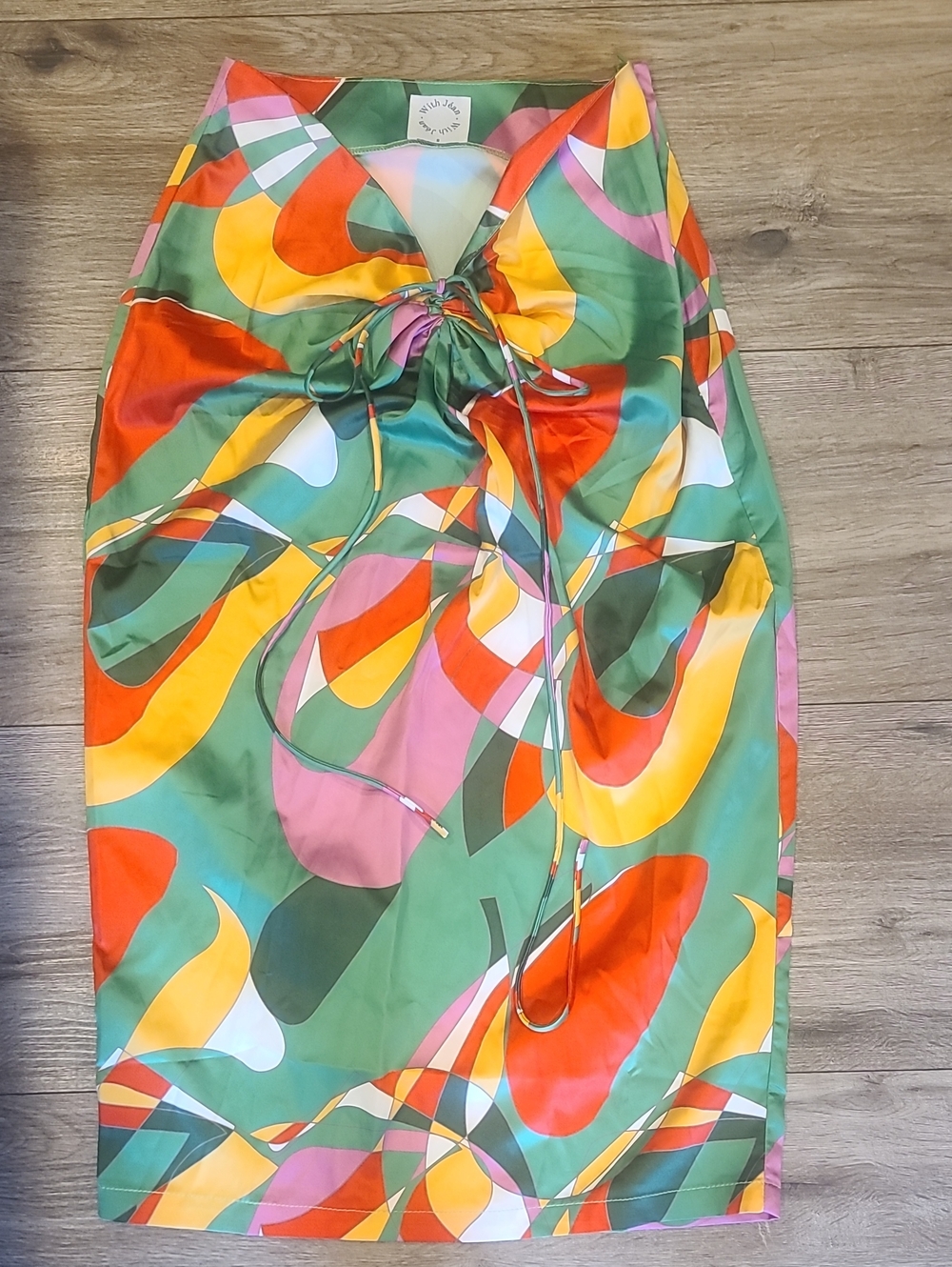 With Jean Multicolor Green, Yellow & Orange Drawstring Midi Ruched Skirt Small